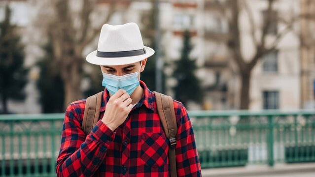 Man wearing face mask outdoors in city