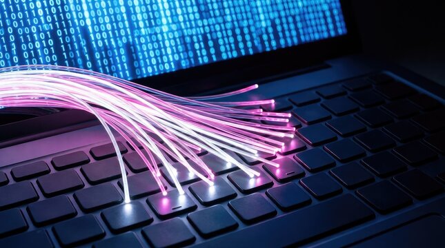 Fiber optic cables with glowing light on computer laptop keyboard