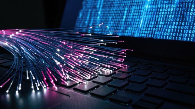 Fiber optic cables with glowing lights over computer keyboard and binary code background