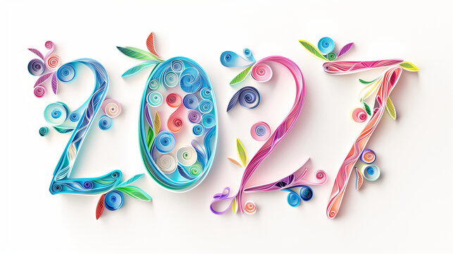 A clean, modern, and exquisitely detailed flat vector illustration features the artisanal year digits "2027" designed in a paper quilling style with rolled pastel paper strips viewed 