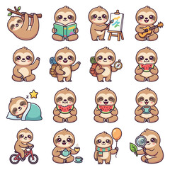 Fototapeta premium Cute Sloth Characters in Various Playful Activities.
