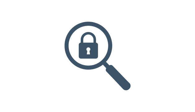 Security audit concept featuring a blue icon of a magnifying glass scanning a closed padlock on a plain white background.