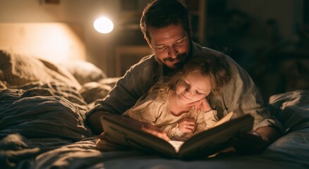 Fototapeta premium Father reading a bedtime story to his young daughter in a warm, cozy bedroom at night.