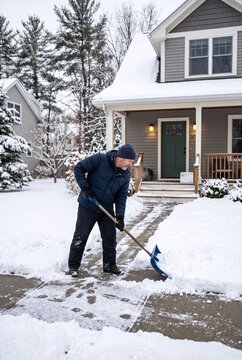 A man is using a shovel to clear snow from the sidewalk in front of his house. Trees are covered in snow, and the ground is white with winter weather