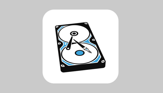 Computer hard disk drive icon showing two internal magnetic platters and actuator arm on a grey background.