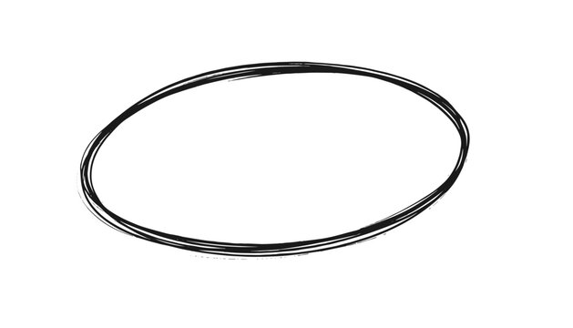 Simple hand-drawn black oval loop with a sketchy, scribbled ink line effect, isolated on a white background.