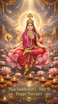 Maa Siddhidatri Day 9 Happy Navratri Festival Celebration with Lotus and Diyas