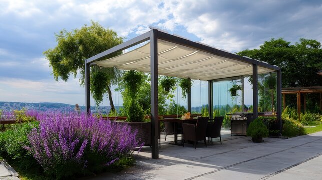 Modern metal pergola with adjustable louvered roof shading outdoor dining area in landscaped backyard under blue sky, with pergola, louver, louvered, metal detail
