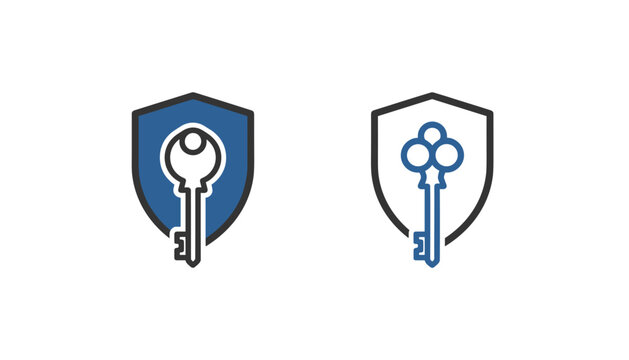 Two security key and shield logo designs, representing data protection, encryption, and secure access systems.