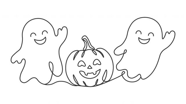 Continuous line art animation of funny halloween ghosts with jack o lantern.