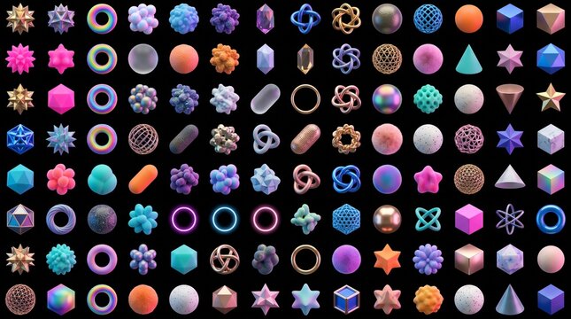 A comprehensive grid of diverse 3D abstract geometric shapes, spheres, polygons, and complex mathematical forms rendered in vibrant colors and metallic textures isolated on a black background