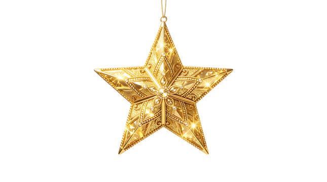 A single sparkling gold star christmas tree ornament hanging decoration shown as an isolated object on transparent background isolated on transparent background