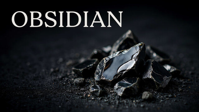 Natural pile of black shiny volcanic obsidian stone fragments