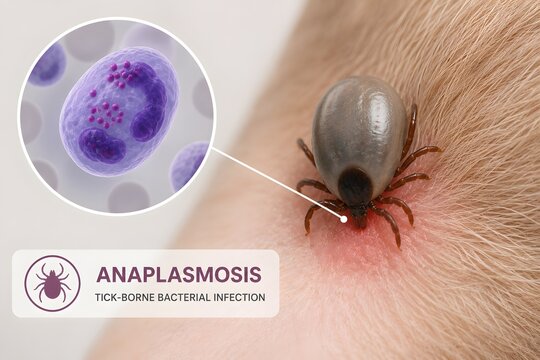 An illustration of an Anaplasmosis infection caused by a tick bite, detailing the microscopic view of bacteria.