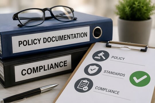 Policy documentation and compliance binders on a desk with a clipboard showing policy, standards, and compliance icons, for the concept of business regulation and legal requirements.
