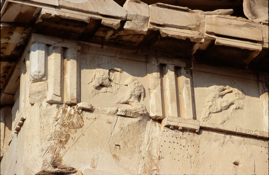 Close Up of Weathered Metopes and Triglyphs on Parthenon