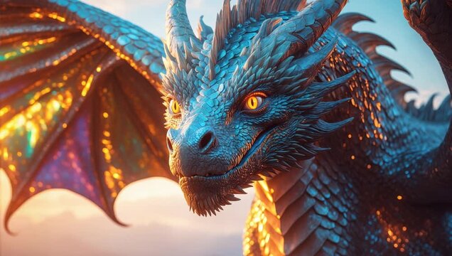 Fantastic mythological animal from fairy tale, toothy dangerous dragon with wings AI Generative