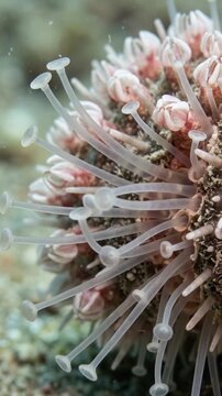Vertical macro video of a Toxopneustes pileolus sea urchin moving its translucent tube feet