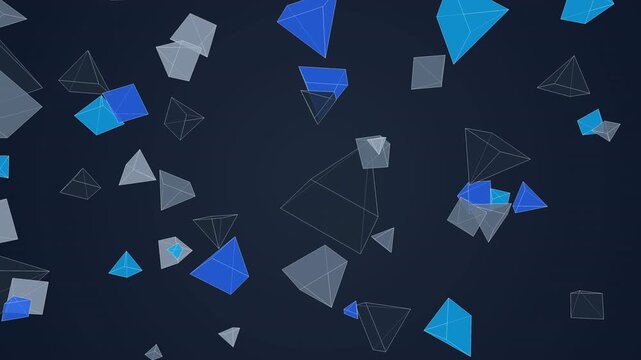 3D floating blue and grey geometric pyramids rotating on dark background, ideal for tech backgrounds, motion graphics and presentation slides