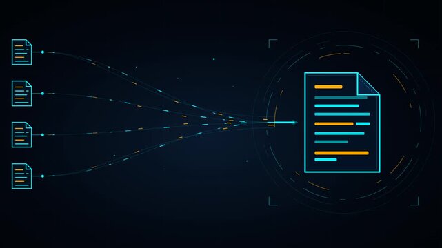 Data documents merging into a single file digital concept illustration