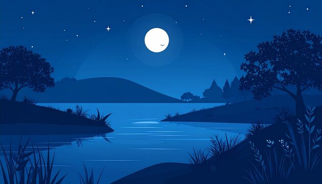 Minimalist dark blue night landscape with a softly glowing moon above a calm flowing river, delicate white stars scattered across the sky, lush trees and natural plants along the riverbanks.