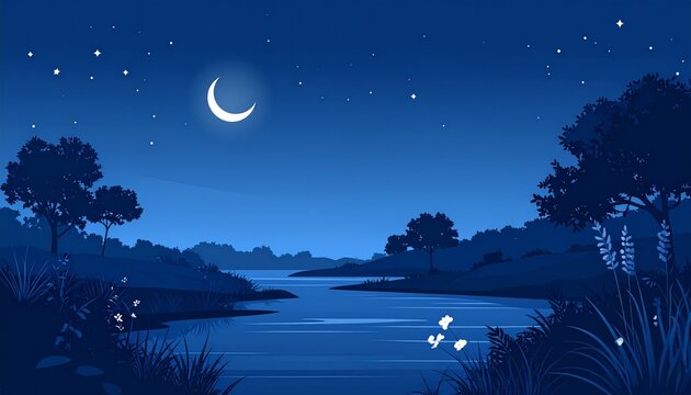 Minimalist dark blue night landscape with a softly glowing moon above a calm flowing river, delicate white stars scattered across the sky, lush trees and natural plants along the riverbanks.