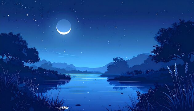 Minimalist dark blue night landscape with a softly glowing moon above a calm flowing river, delicate white stars scattered across the sky, lush trees and natural plants along the riverbanks.