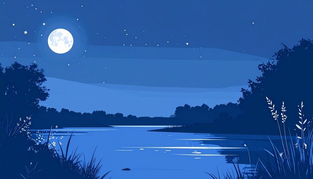 Minimalist dark blue night landscape with a softly glowing moon above a calm flowing river, delicate white stars scattered across the sky, lush trees and natural plants along the riverbanks.