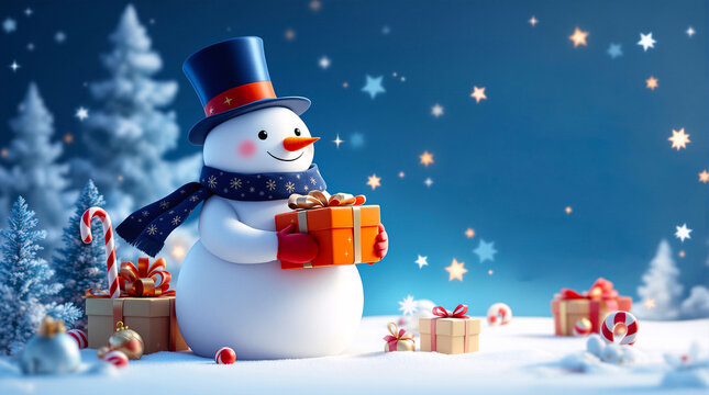 Snowman Holding Gift with Merry Christmas 2026 Text, 3D Cartoon Illustration