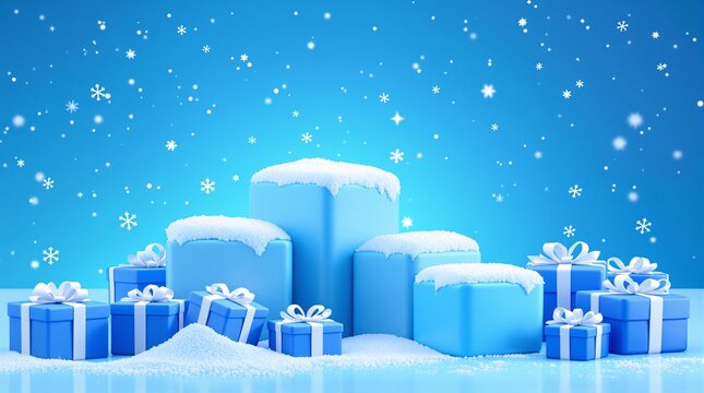 Blue Gift Boxes with Snow 3D Rendered Illustration