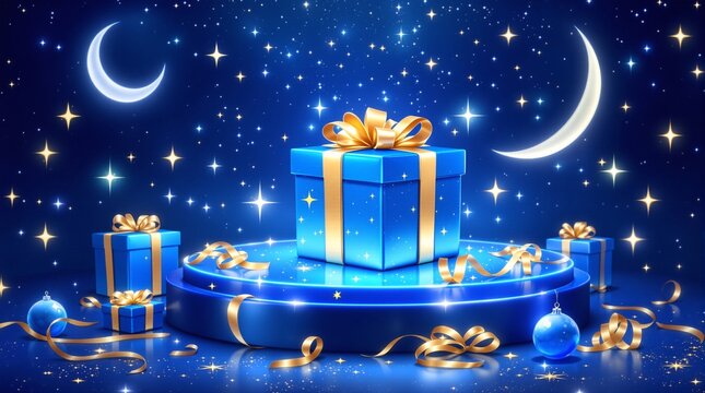 Blue Gift Box on Pedestal with Starry Night Sky 3D Illustration