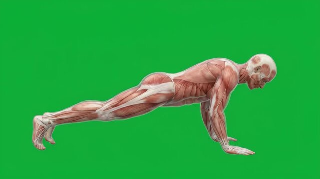 Male anatomical body performing pushup exercise on green screen