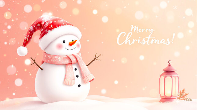 Cute Snowman with Lantern in Snowy Christmas Landscape Illustration