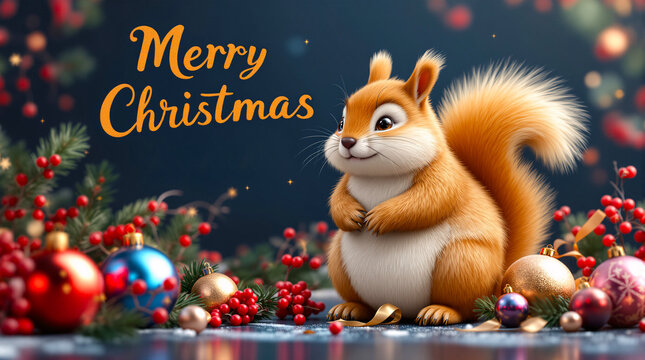 Cute Squirrel with Christmas Ornaments and Berries Illustration