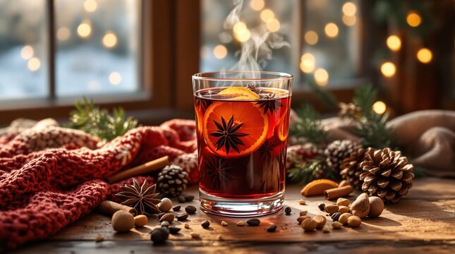 Mulled Wine with Orange and Star Anise in Cozy Winter Setting