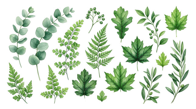 Vibrant Green Ferns Leaves Branches Illustration