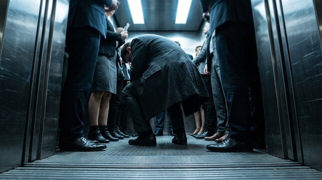 Man crouching in a crowded elevator