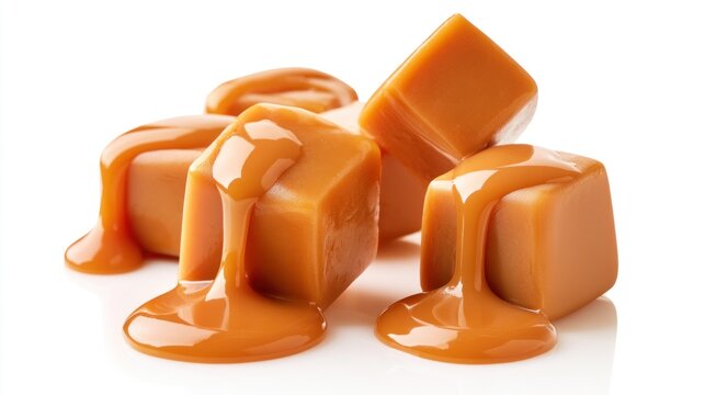 Delicious Caramel Toffee Cubes with Flowing Melted Caramel Sauce Isolated on White Background