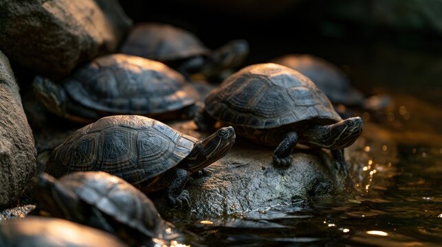 Group of red-eared slider turtles basking on rocks by a pond in warm evening light
