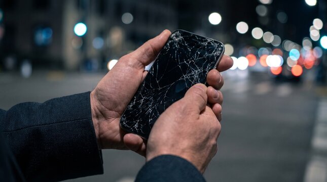 Broken smartphone screen at night