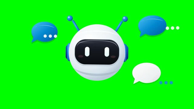 Cute round robot character head with blue chat bubbles floating for artificial intelligence concept