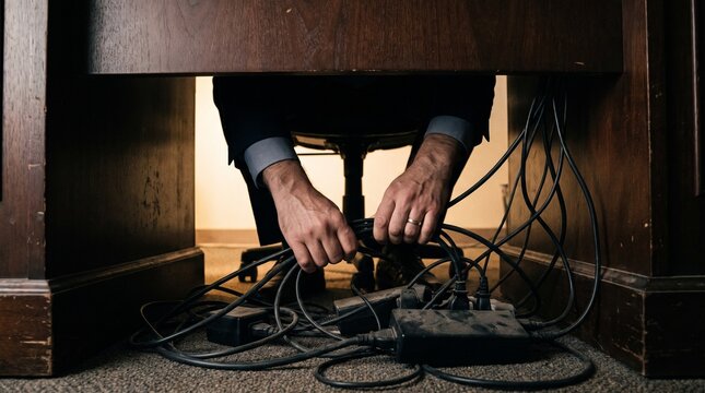 Tangled cables under a desk