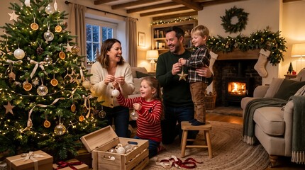 Fototapeta premium ** Happy Family Decorating Christmas Tree Together in Cozy Living Room for Festive Holiday Celebration