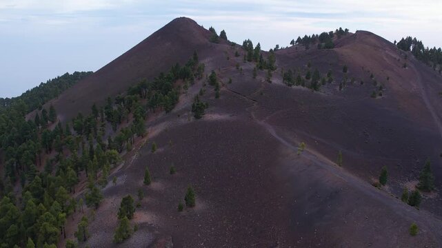 Aerial of fresh volcanic lava mountains and craters landscape of National Park Cumbre Vieja on La Palma island Canary Islands