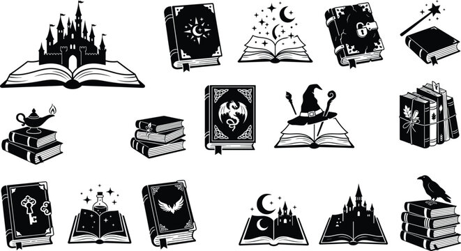 Magic book silhouette icon set featuring fairytale pop up castle wizard hat dragon spellbook and fantasy elements