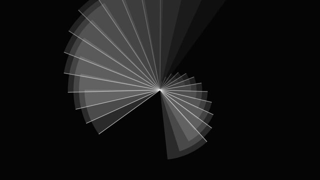 Abstract white geometric fan shape rotating on a dark black background in seamless loop animation