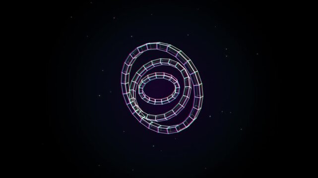 Futuristic 3D wireframe gyroscope rotating with chromatic aberration on dark background loop