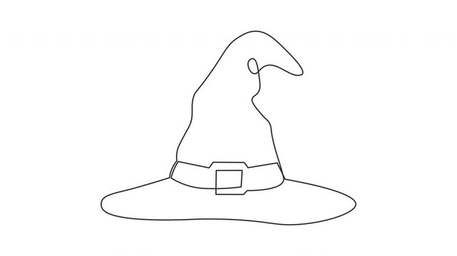 Continuous line drawing of witch hat on clean white background.
