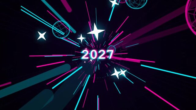 Futuristic neon tunnel motion graphic background with glowing 2027 text and spinning digital spheres