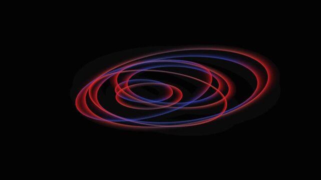 Glowing blue and red neon light curves swirling in a circular mathematical loop on black background